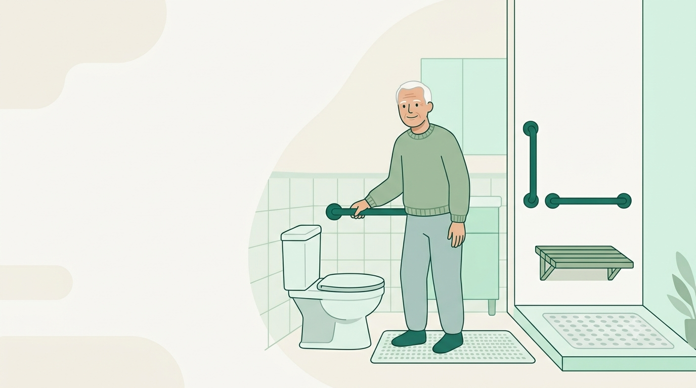 Safe bathroom for the elderly with grab bars by the toilet and shower, a shower seat, and non-slip mats