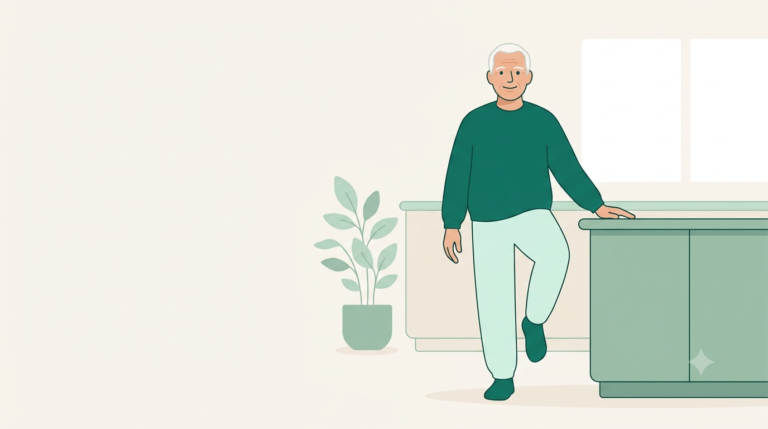 Older adult doing a balance exercise to prevent falls in the elderly at home