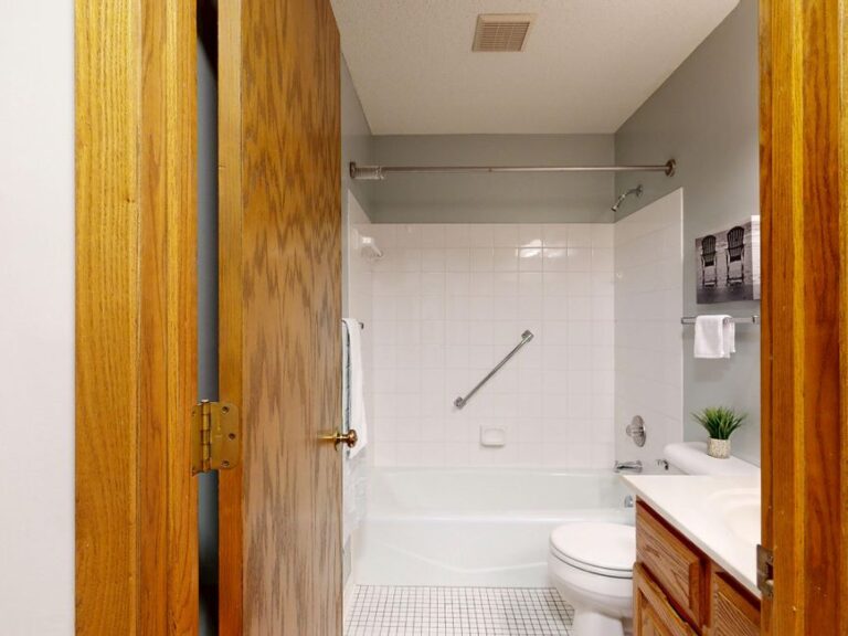 Bathroom with safety grab bar installed in bathtub area